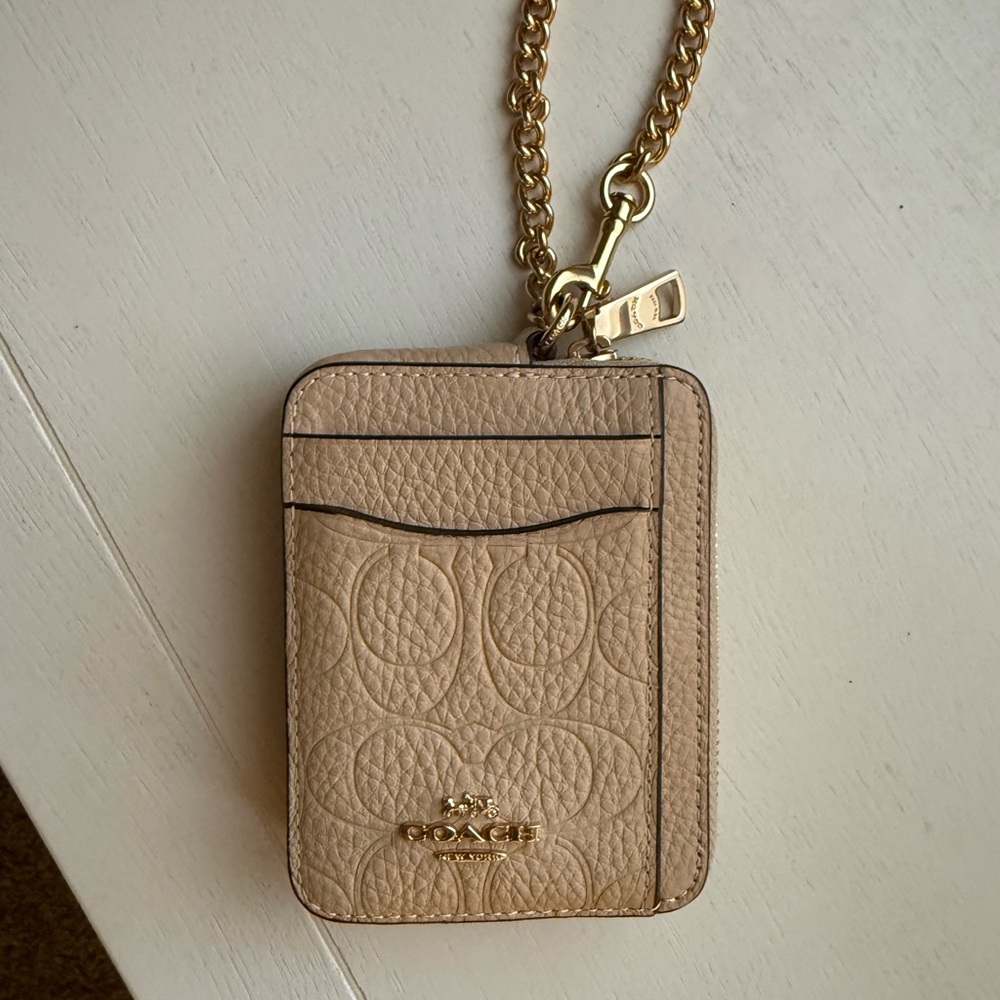 Coach Tan Leather Card Holder with Gold Chain